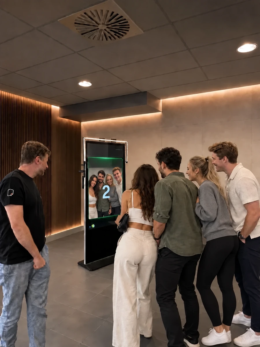 Two women and two men crowding around the pixlbox kiosk while it counts down to a selfie